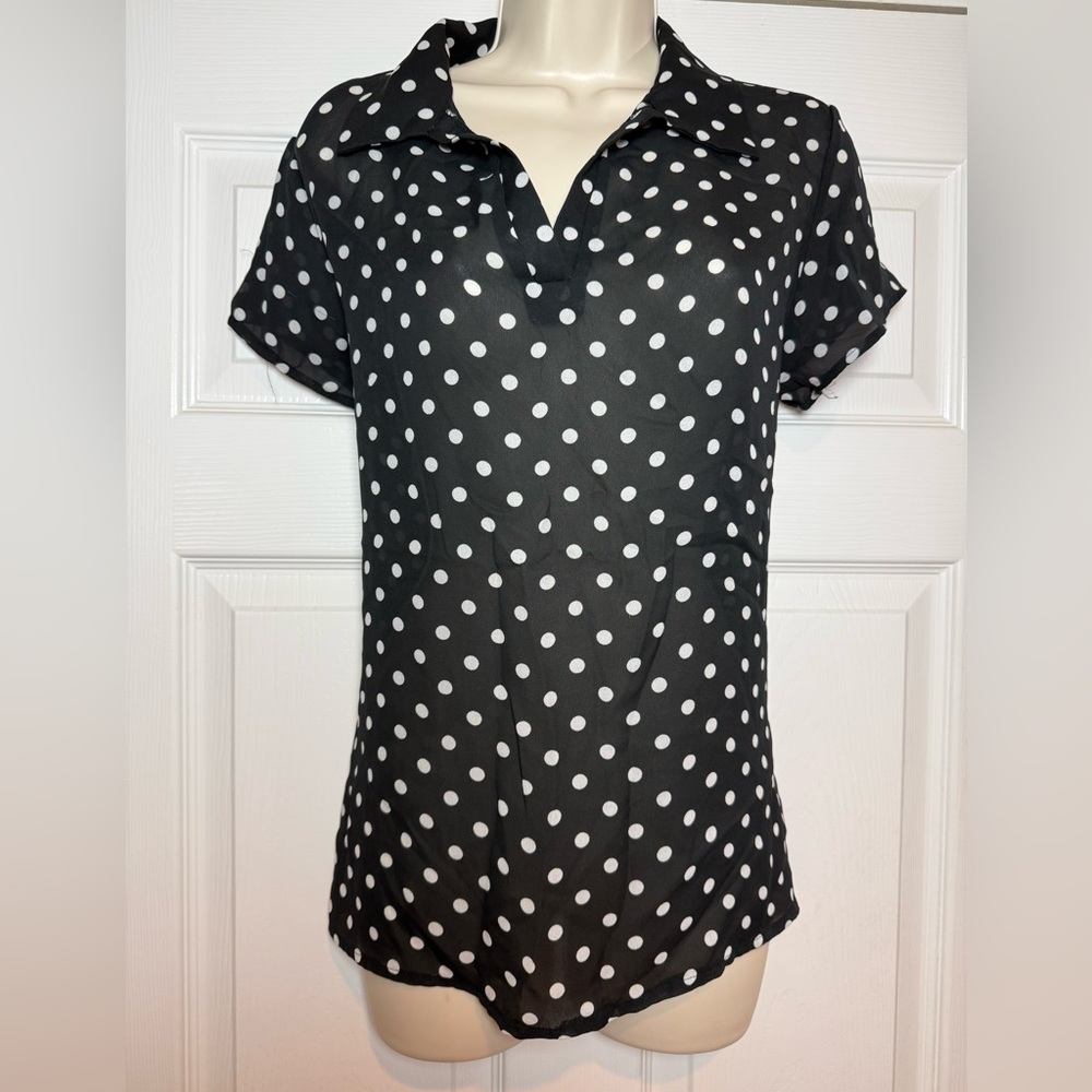 Claudia Richard Black Polka Dot Short Sleeve Collared Blouse vintage inspired